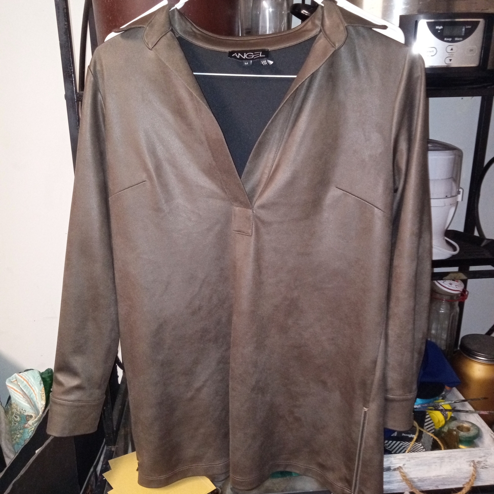 Angel Brown & Black Faux Leather V-Neck Top